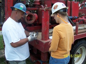 Drilling operations for a cable barrier project along I-44 in Tulsa, Oklahoma.